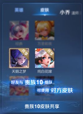 王者荣耀贵族v10能够给好友共享皮肤